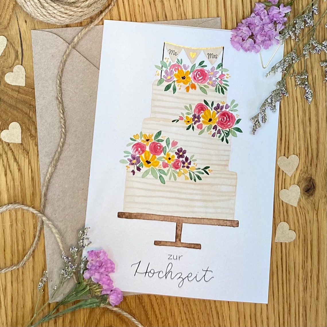 Handgemalte Aquarellkarte zur Hochzeit, Glückwunsch, Grußkarte Etsy.de