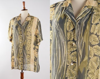 Vintage Women's Fabiani Crazy Patterns Floral Tigers Graphic Print Short Sleeve Shirt Blouse Viscose 48 L XL 80s 90s