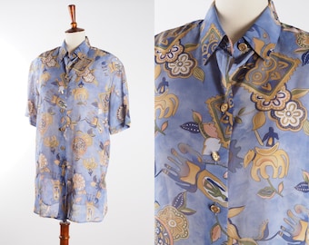 Vintage Women's Crazy Patterns Floral Graphic Print Blue Short Sleeve Shirt Blouse 38 M Medium