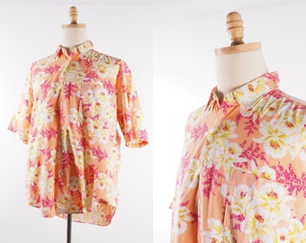 Vintage Mens Crazy Pattern Hawaiian Floral Flowers Graphic Short Sleeve Summer Peach Shirt XL 56 58 90s