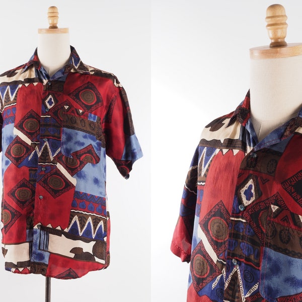 Vintage Mens Crazy Pattern Abstract Graphic Geometric Short Sleeve Silk Blue Red Shirt S Small 90s