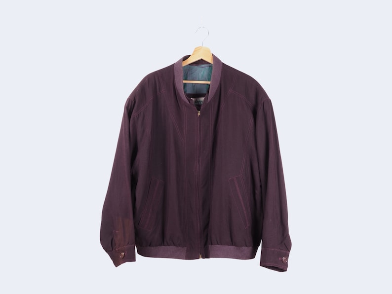 Vintage Mens Reine Seide Silk Bomber Dark Purple Violet Zip Jacket L Large 80s 90s image 1