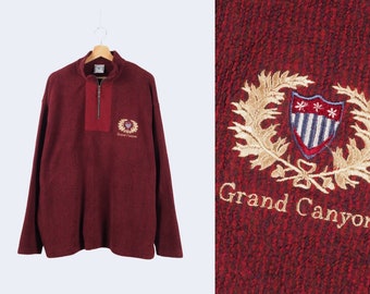 Vintage Mens Grand Canyon Graphic Red Cotton Poyester Fleece Pullover Sweater Zip XL 90s 80s