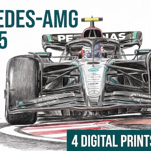 以下が含まれることがあります： 正面から見たメルセデスAMG F1 W15レーシングカーの鉛筆とインクによる詳細なドローイング。車体は黒と銀色で、ペトロナスのロゴが入っています。テキストには「MERCEDES-AMG F1 W15」および「4 DIGITAL PRINTS INCLUDED」と記載されています。
