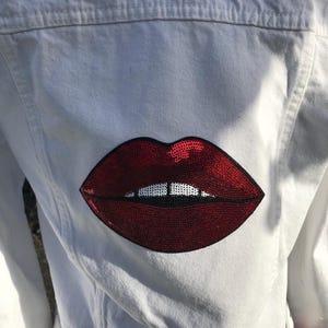 Upcycled white denim jacket with sequined mouth patch on the back, stylish denim jacket, size 14, sequined patch, modern vintage, preloved,