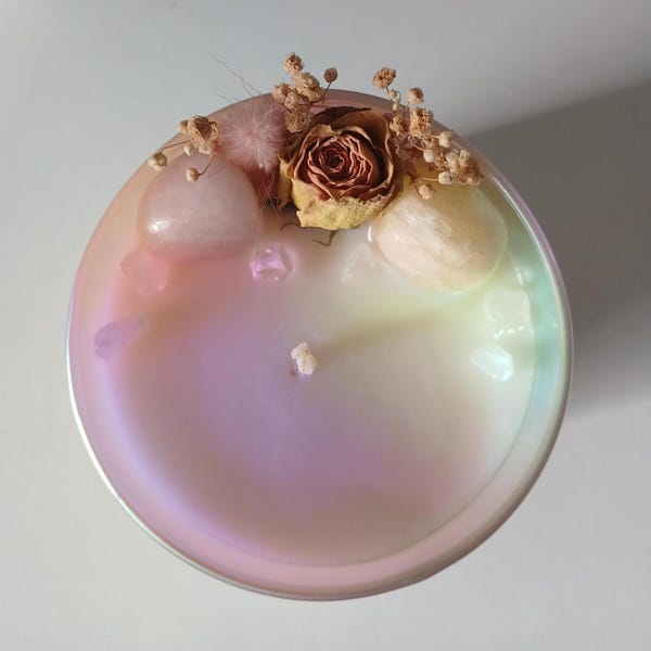 444 candle with crystals: soy wax angel number candles in iridescent jar