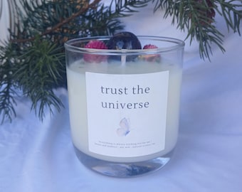trust the universe - intention candle with amethyst for peace, intuition, and protection