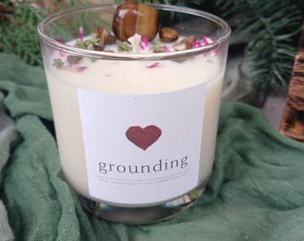 Grounding intention candles with crystals, soy wax, holiday aromas