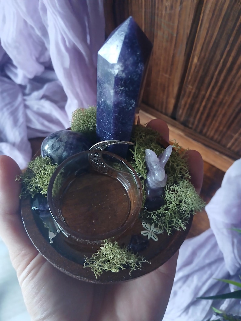 K&ouml;nnte beinhalten: Ein handgefertigtes Holztablett mit einer zentralen Glasschale, umgeben von gr&uuml;nem Moos, Amethystkristallen und einer kleinen geschnitzten Hasenfigur. Ein gro&szlig;er, dunkelvioletter Kristallpunkt steht aufrecht. Das Tablett wird in einer Hand gehalten.
