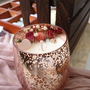 Divine Feminine Energy Intention Candles with Rose Quartz Hearts and Flowers - Manifest Goddess Energy
