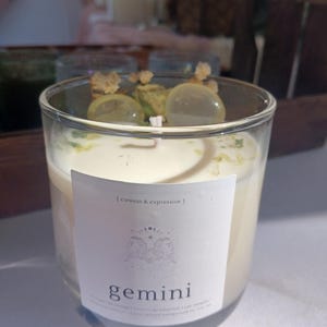 Gemini zodiac candle with lemon quartz crystals and natural honeysuckle oil image 6