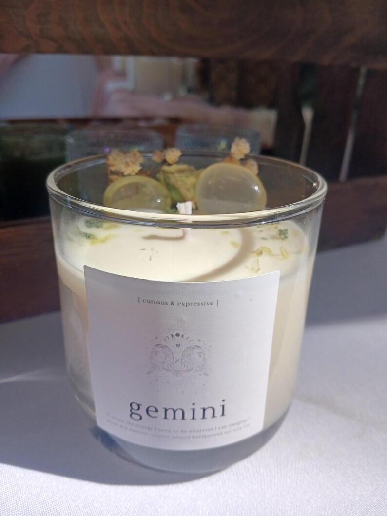 Gemini zodiac candle with lemon quartz crystals and natural honeysuckle oil image 6