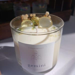 Gemini zodiac candle with lemon quartz crystals and natural honeysuckle oil image 5