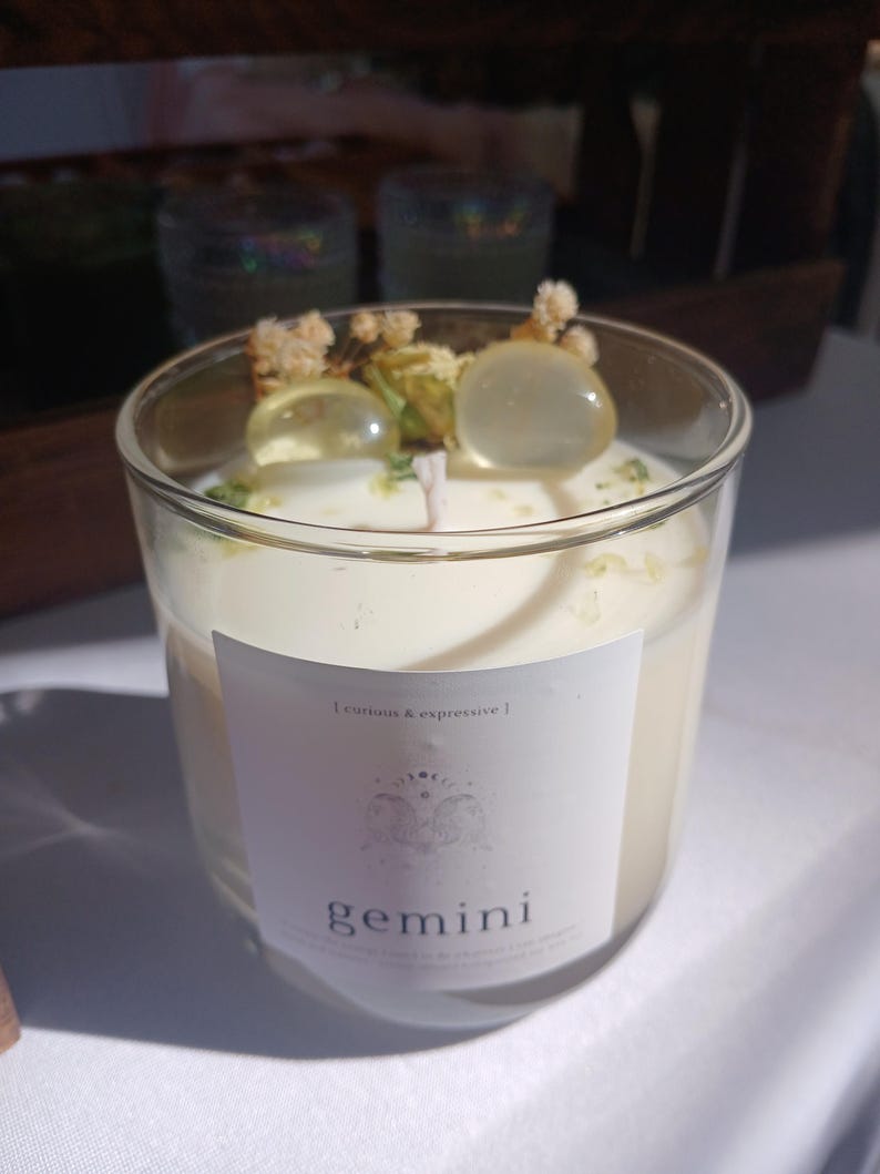 Gemini zodiac candle with lemon quartz crystals and natural honeysuckle oil image 5