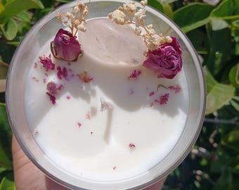 Self love intention candle with healing crystals and plant based oils