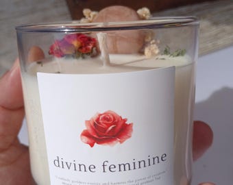 divine feminine candle (goddess energy) with rose quartz and moonstone
