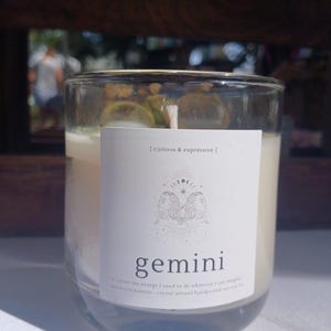 Gemini zodiac candle with lemon quartz crystals and natural honeysuckle oil image 2
