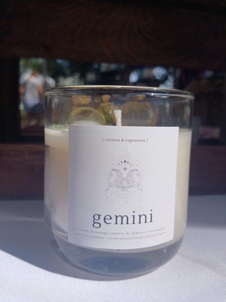 Gemini zodiac candle with lemon quartz crystals and natural honeysuckle oil image 2