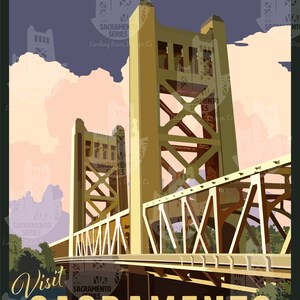 May include: A vintage travel poster featuring the Tower Bridge in Sacramento, California. The poster is in a retro style with a yellow and brown color scheme. The text on the poster reads "See the Tower Bridge! Visit Sacramento".