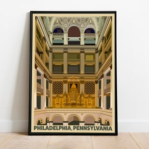 May include: A vintage travel poster featuring a detailed illustration of the interior of a grand building with a golden organ. The text at the bottom reads "PHILADELPHIA, PENNSYLVANIA".