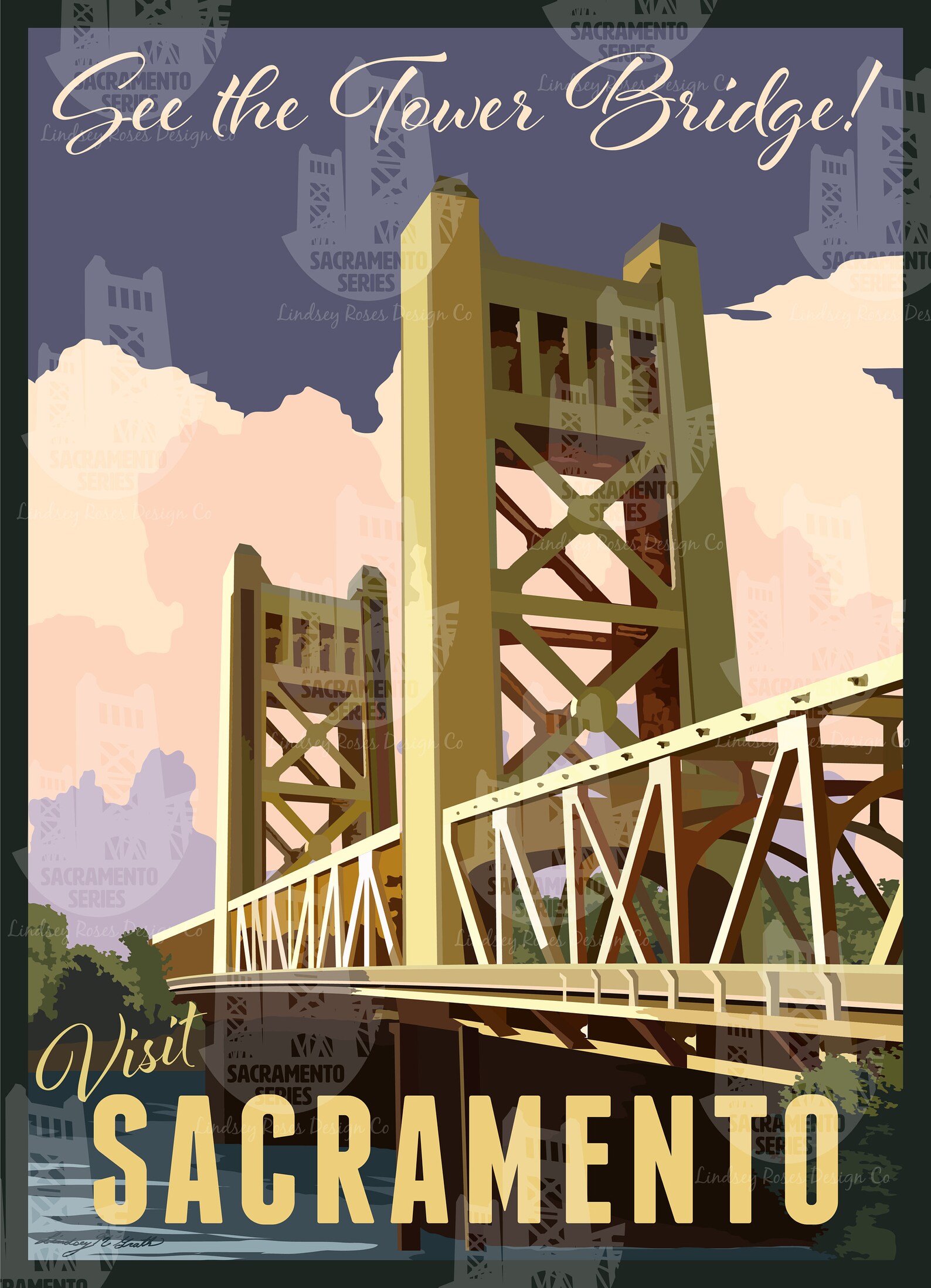 Tower Bridge Visit Sacramento Vintage Travel Poster Sticker Etsy
