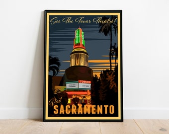 Tower Theatre Visit Sacramento Vintage Travel Poster