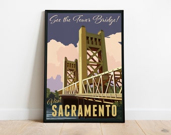 May include: A vintage travel poster featuring the Tower Bridge in Sacramento, California. The poster has a blue, pink, and yellow color scheme and the text "See the Tower Bridge! Visit Sacramento".