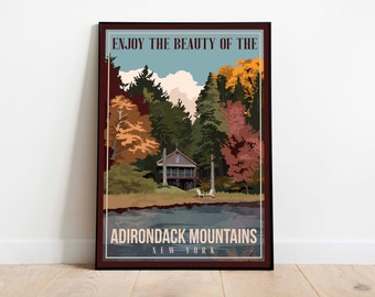 Adirondack Mountains New York Vintage Travel Poster