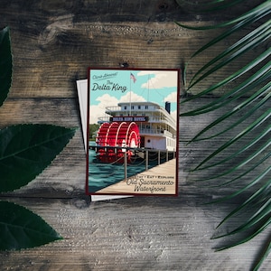 Delta King River Paddelboot alte Sacramento Waterfront Kalifornien Art Deco Vintage Reise-Postkarte