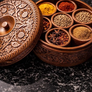 Sheesham Wood Floral Burnt Kitchen Decorative Masala Box/ Masala Dani Utility Spice Box Set