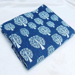 Puede incluir: Un trozo de tela azul doblado con un patr&oacute;n de &aacute;rbol blanco. La tela tiene una superficie texturizada y es perfecta para proyectos de artesan&iacute;a o costura.