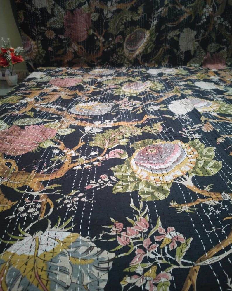 Indyjski narzuta na łóżko Kantha, kołdra, komplet pościeli z czystej bawełny w rozmiarze king size z nadrukiem ręcznym, narzuta Kantha zdjęcie 6