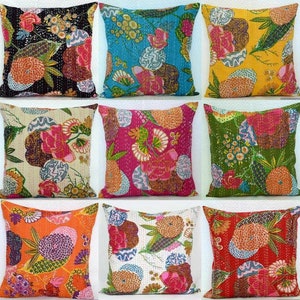 Funda de cojín KANTHA hecha a mano, de todos los tamaños, decorativa, estilo bohemio, con estampado de flores indias, multicolor, de hipopótamo