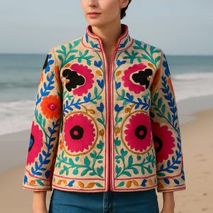 Indian Suzani Embroidery Jacket, Cotton Suzani Coat, Winter Wear Jacket Coat, Suzani Short Jacket, Hand Embroidered Jacket For Women