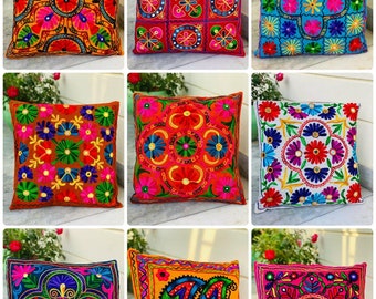 Indian Handmade Cushion Cover Embroidered Cushion Cover Boho Cushion Cover Multicolor Cushion Cover Mirror Cushion Traditional Cushion