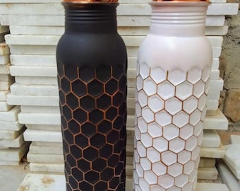 Bottiglia d'acqua in rame realizzata a mano, bellissimo set di bottiglie in rame e vetro - Regalo ayurvedico per una vita sana e benessere - Amore per se stessi, fitness e yoga - Regalo