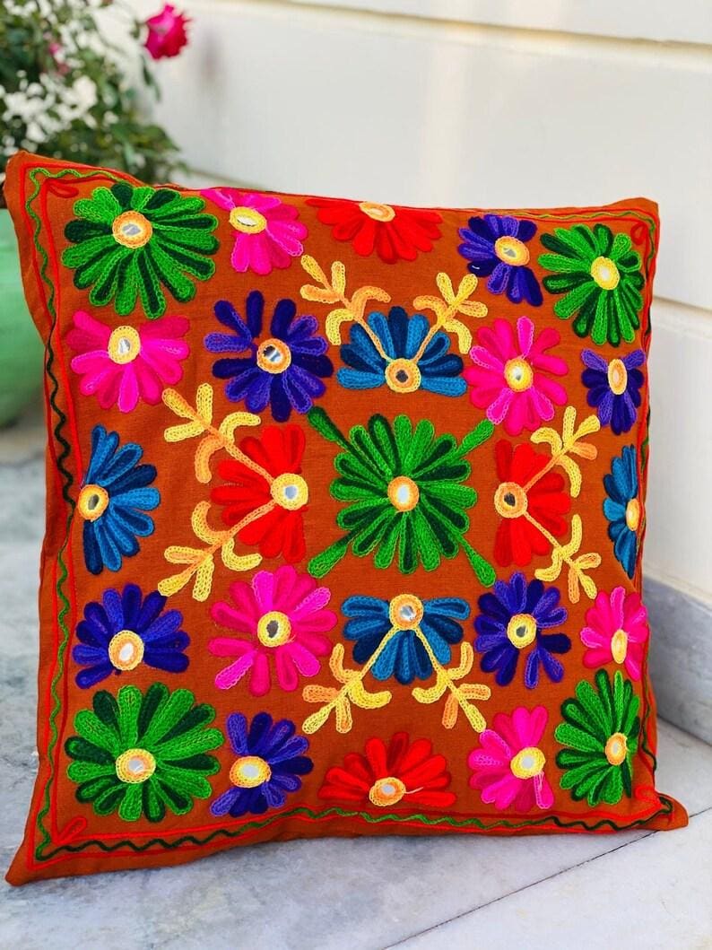 Taie d'oreiller brodée en gaze de coton 60 x 60 cm Gaïa Boho Romarin