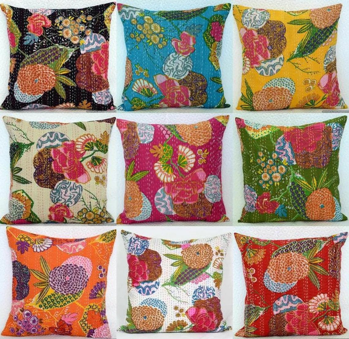 Cuscino Da Pavimento Fodero In Cotone Indiano Vintage - Ricamo Patchwork Arancione 55x55 Cm - Copri Cuscino Etnico Fatto A Mano Con Cerniera (Solo Fodera, Imbottitura Non Inclusa) - 2