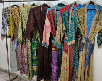 Hippie Bohemian Patchwork Silk Kimono, Recycled Silk Bell Sleeve Boho Dress, beautiful robe dress, bridesmaid robe, One of a Kind Gift
