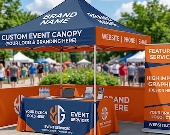 Custom Trade Show Booth Package | 10x10 Event Canopy Tent, Logo Table Cover & 2 Retractable Banners | Pop Up Vendor Display Set