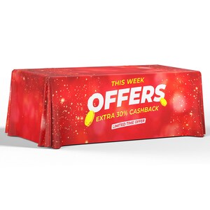 May include: Red table cover with a white "This Week Offers Extra 30% Cashback Limited Time Offer" message and gold coin graphics.