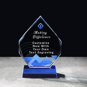 Custom Crystal Award with Base - Elegant Trophy for Recognition, Achievements, or Bulk Orders, Sand Etch