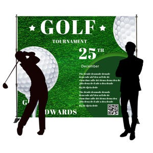 May include: A green and white banner with the text "GOLF TOURNAMENT 25TH December" and a silhouette of a golfer holding a golf club. The banner also includes a QR code.