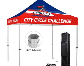 Custom 10x10 Premium Aluminum Tent Kit – Full-Bleed Print Canopy, heavy duty 50mm Hex Frame, Top, Carry Bag, Markets tent, event tent