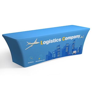 May include: A blue table cover with a white airplane, city skyline, and the text "Logistics Company" printed on it. The cover has a curved design and features icons for fast delivery and wide distribution range.