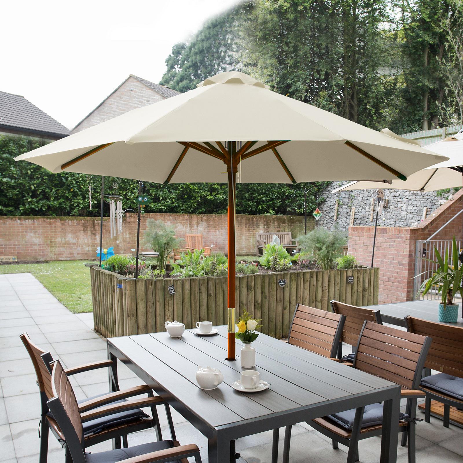 large wooden patio umbrellas Umbrella 13ft 8-Rib with Weighted Base Canopy Size 9 Ft Quad Pulley Wooden