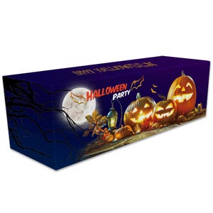 May include: A dark blue table cover with a Halloween theme. The cover features a full moon, bats, and three jack-o'-lanterns with glowing faces. The text "Halloween Party" is printed in red on the cover.