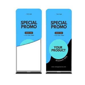 May include: Two blue and black retractable banner stands with the text "Special Promo" and "Your Product" with a 30% discount. The phone number +123-456-7890 is included on both banners.