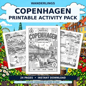 May include: A printable activity pack for children featuring three black and white pages titled Copenhagen Adventure, Map Your Adventure, and Copenhagen Explorer Passport. The pages include illustrations of landmarks, a bicycle, and a mermaid statue.