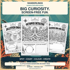 May include: Three educational activity sheets from the Wanderlings Science Explorer Series titled Jellyfish Drift, Octopus Detective, and Seahorse Hide-and-Seek. Each page features black and white line art illustrations of marine life, interactive prompts, and text for children to draw, write, and explore ocean themes.